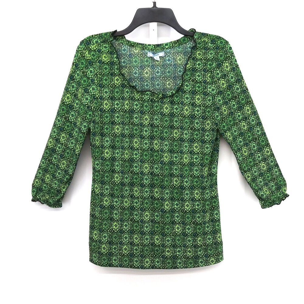 IZOD Blouse Women Small Green Floral Medallion 3/4 Sleeve Scoop Neck Casual Top